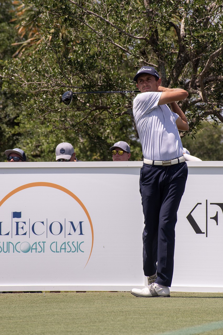 Daniel Wetterich hits his tee shot on the No. 1 hole at Lakewood National Golf Club during round two of the 2024 LECOM Suncoast Classic. Wetterich shot five under par Friday and is now five under par for the tournament.