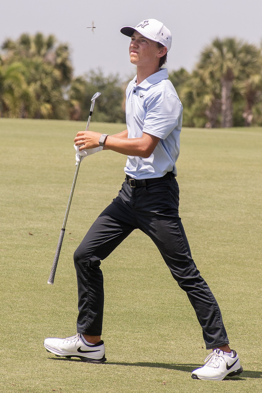 Miles Russell watches his second shot on the No. 1 hole at Lakewood National Golf Club during round two of the 2024 LECOM Suncoast Classic. Russell shot five under par for the round. He finished the tournament tied for 20th at 14 under par.