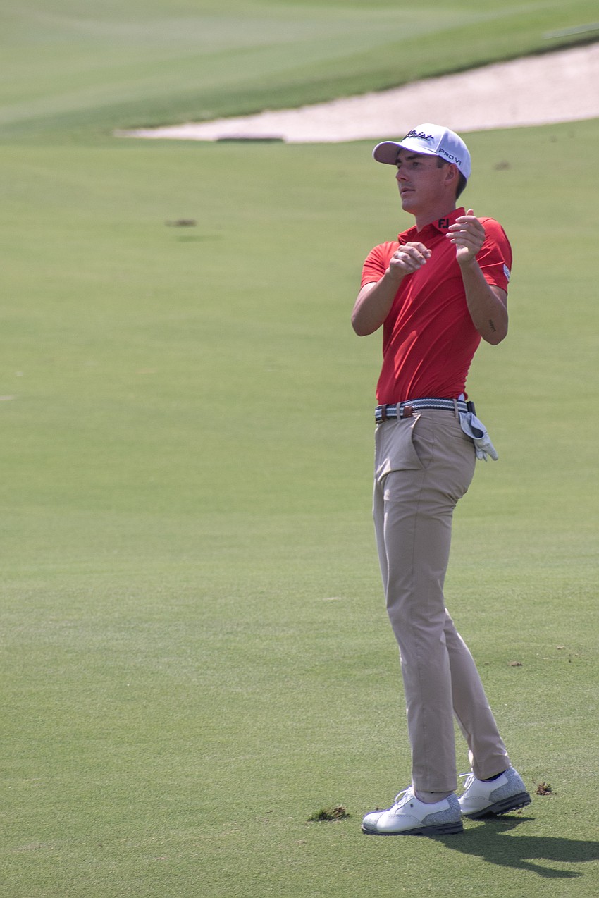 Ross Steelman stands empty handed following a chip shot on the No. 9 hole at Lakewood National Golf Club during round two of the 2024 LECOM Suncoast Classic. Steelman lost control of his club during the shot. Steelman shot even par Friday and is seven under par for the tournament.