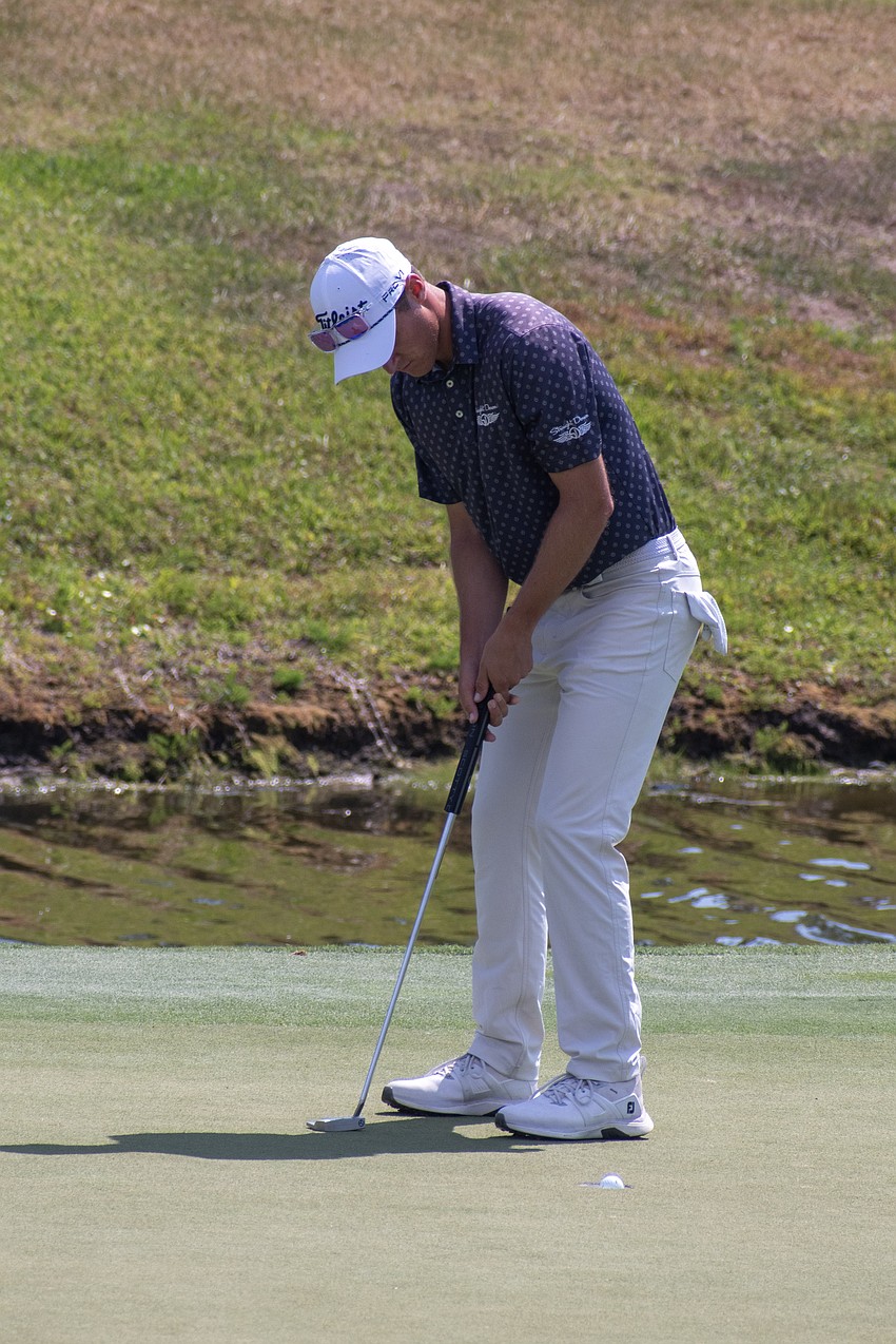 Tim Widing sinks a putt on the No. 9 hole at Lakewood National Golf Club during round two of the 2024 LECOM Suncoast Classic. Widing shot seven under par Friday and is 11 under par for the tournament.