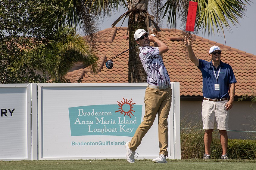 Chris Baker hits his tee shot on the No. 18 hole at Lakewood National Golf Club during round two of the 2024 LECOM Suncoast Classic. Baker shot three under par Friday and is 10 under par overall.