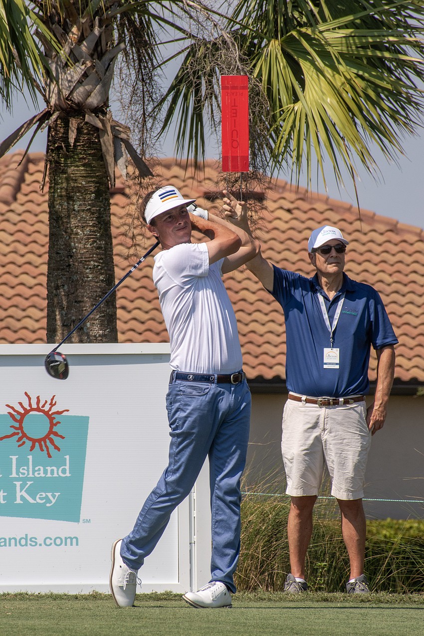 Spencer Levin hits his tee shot on the No. 18 hole at Lakewood National Golf Club during round two of the 2024 LECOM Suncoast Classic. Levin shot one under par Friday and is five under par for the tournament.