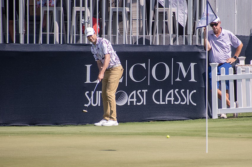 Chris Baker putts on the No. 18 hole at Lakewood National Golf Club during round two of the 2024 LECOM Suncoast Classic. Baker shot three under par Friday and is 10 under par overall.