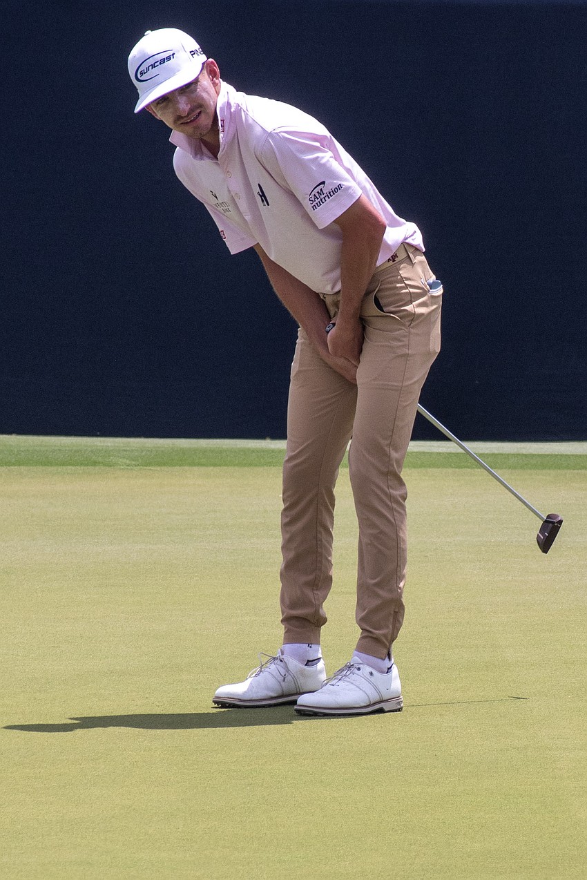 Sam Bennett watches his putt on the No. 18 hole at Lakewood National Golf Club on day three of the 2024 LECOM Suncoast Classic go astray. Bennett shot seven under par Saturday and is 12 under par for the tournament.