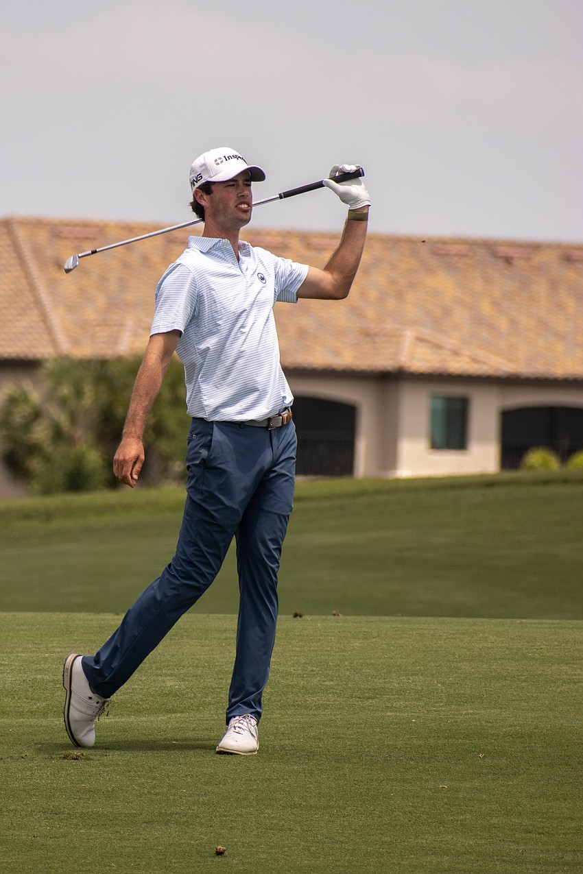 Cole Hammer winces after his second shot on the No. 18 hole at Lakewood National Golf Club on day three of the 2024 LECOM Suncoast Classic. Hammer shot three under par Saturday and is eight under par for the tournament.