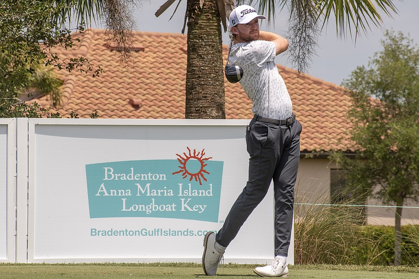 Danny Walker hits his tee shot on the No. 18 hole at Lakewood National Golf Club on day three of the 2024 LECOM Suncoast Classic. Walker, a Lakewood Ranch High graduate, shot eight under par Saturday and is 13 under par for the tournament.
