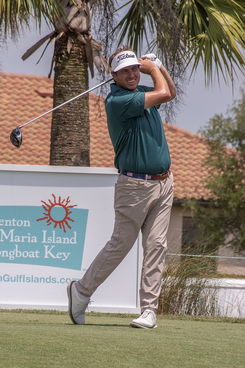 Taylor Dickson his his tee shot on the No. 18 hole at Lakewood National Golf Club on day three of the 2024 LECOM Suncoast Classic. Dickson shot one under par Saturday and is six under par for the tournament.