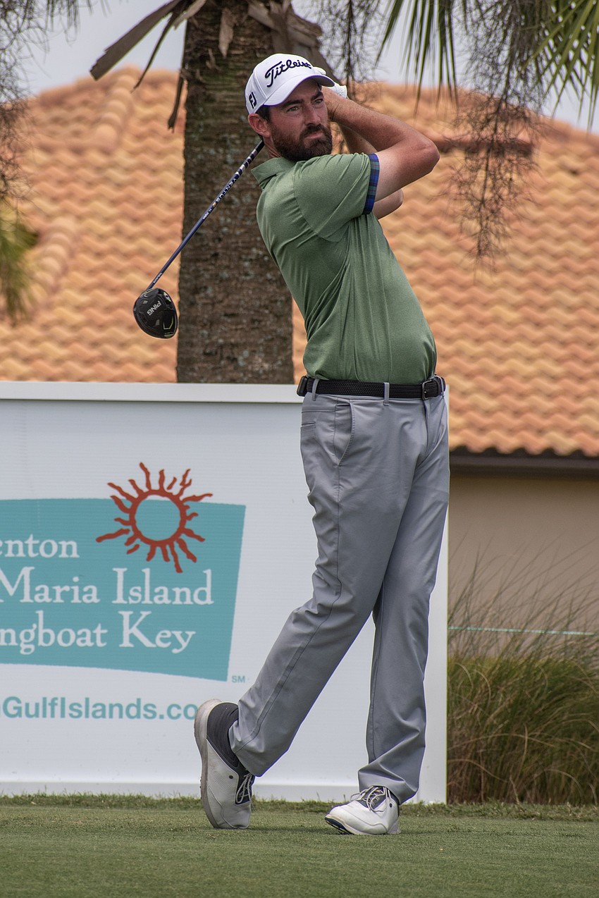 Chase Seiffert hits his tee shot on the No. 18 hole at Lakewood National Golf Club on day three of the 2024 LECOM Suncoast Classic. Seiffert shot two under par Saturday and is eight under par for the tournament.
