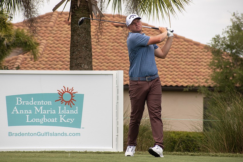 Jack Maguire hits his tee shot on the No. 18 hole at Lakewood National Golf Club on day three of the 2024 LECOM Suncoast Classic. Maguire shot one under par Saturday and is seven under par for the tournament.