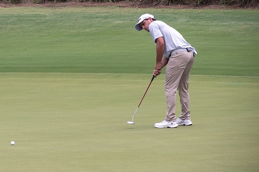 Emilio Gonzalez putts on the No. 17 hole at Lakewood National Golf Club on day three of the 2024 LECOM Suncoast Classic. Gonzalez shot two under par Saturday and is eight under par for the tournament.