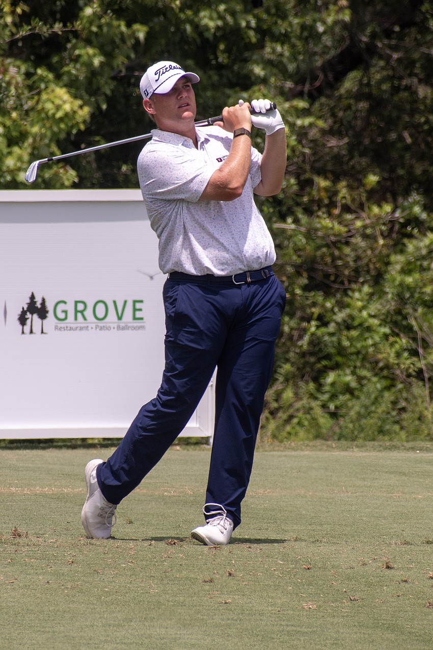 Braden Thornberry hits his tee shot on the No. 17 hole at Lakewood National Golf Club on day three of the 2024 LECOM Suncoast Classic. Thornberry shot one over par Saturday and is five under par for the tournament.