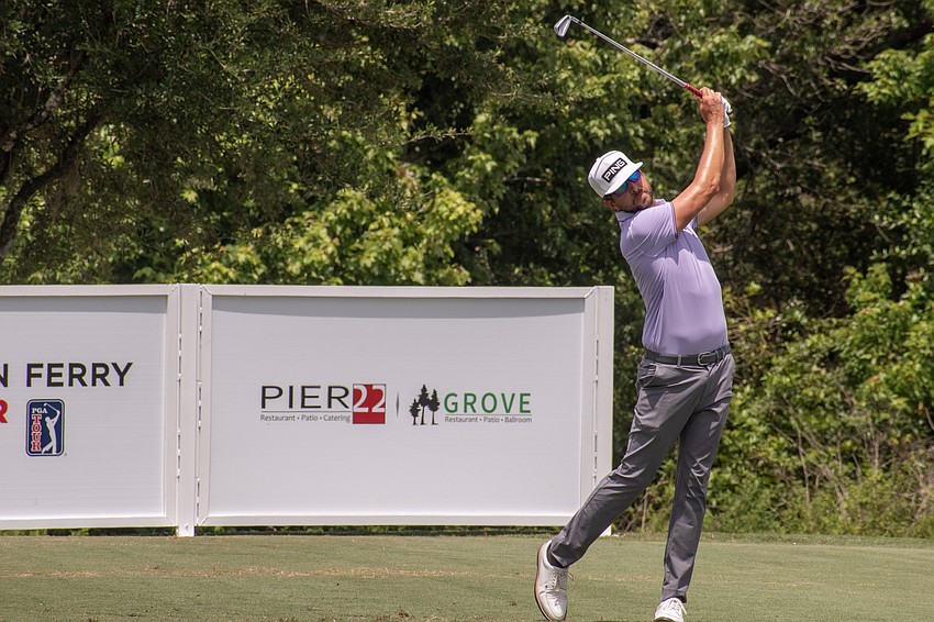 Scott Harrington hits his tee shot on the No. 17 hole at Lakewood National Golf Club on day three of the 2024 LECOM Suncoast Classic. Harrington shot two under par Saturday and is nine under par for the tournament.