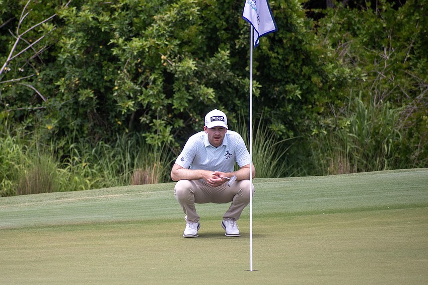Brian Campbell thinks about his putt on the No. 16 hole at Lakewood National Golf Club on day three of the 2024 LECOM Suncoast Classic. Campbell shot one under par Saturday and is eight under par for the tournament.