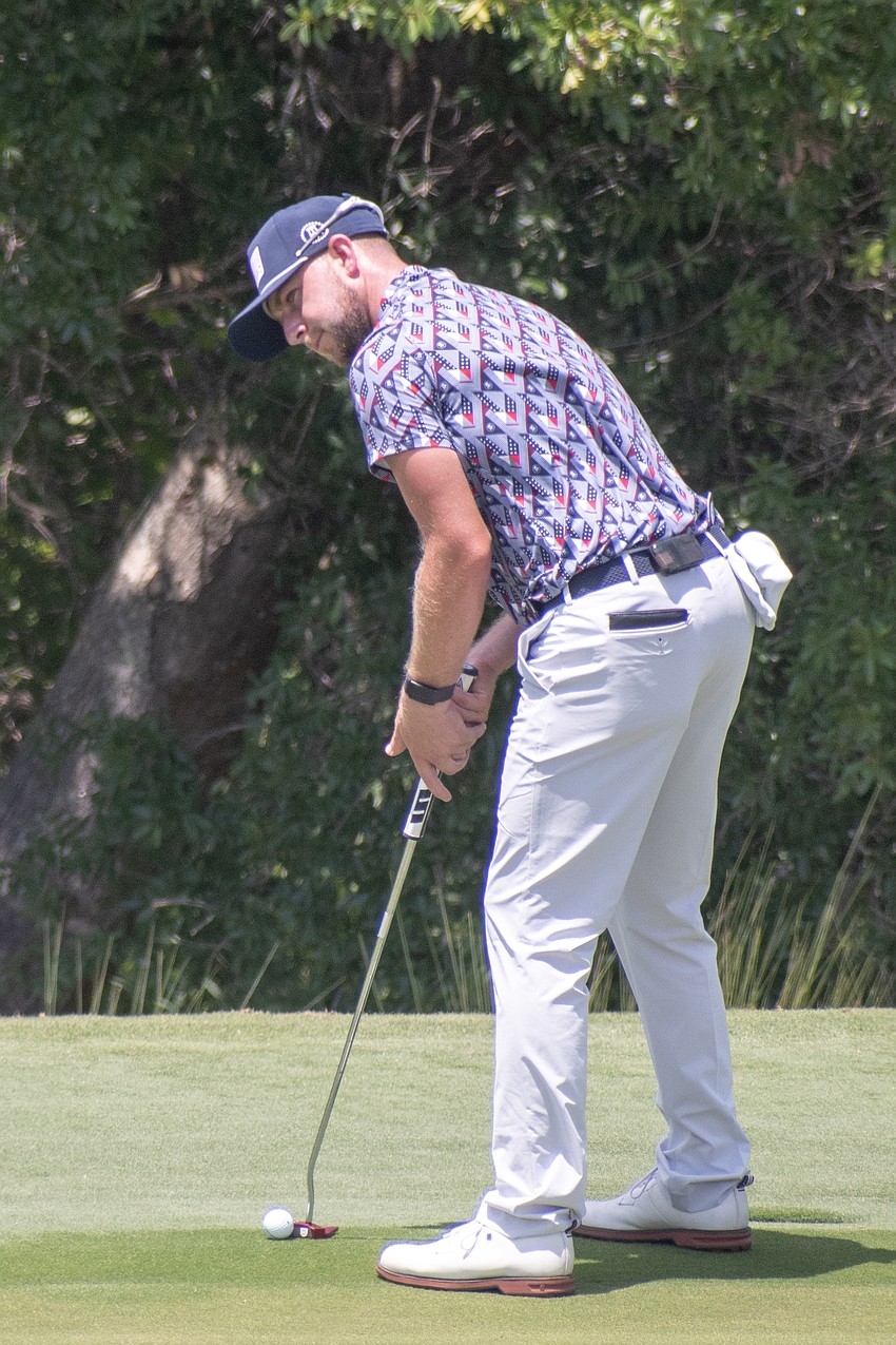Alistair Docherty putts on the No. 16 hole at Lakewood National Golf Club on day three of the 2024 LECOM Suncoast Classic. Docherty shot six under par Saturday and is 13 under par for the tournament.