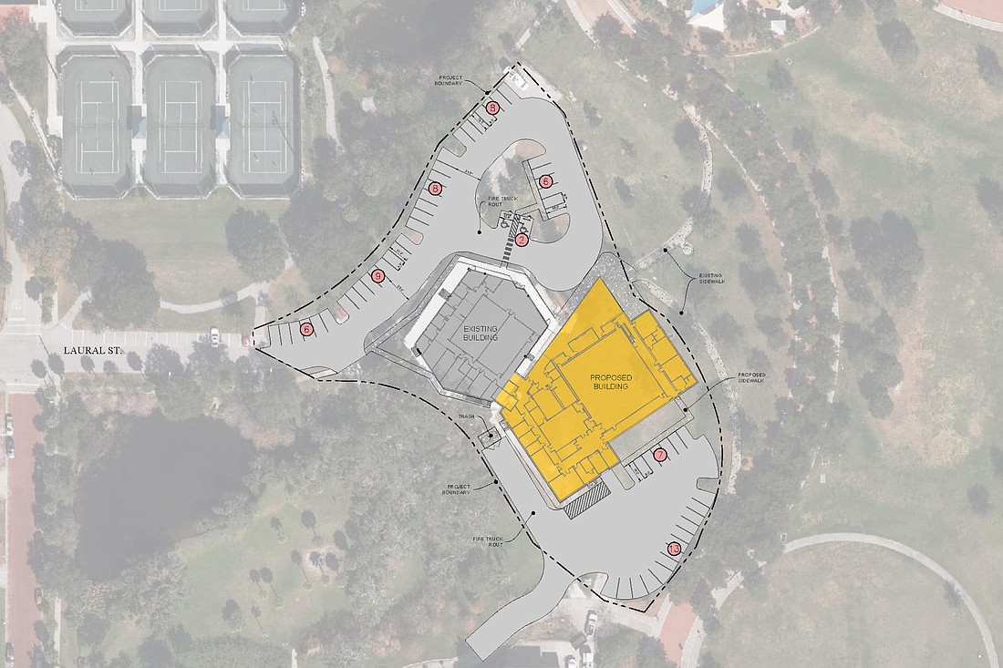 A site map of the proposed expansion of Payne Park Auditorium shows the existing building in gray and the new structure in yellow surrounded by 59 parking spaces.