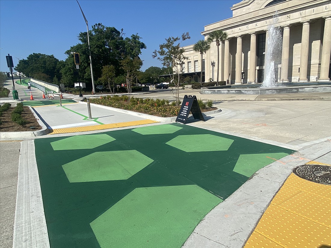 The LaVilla Link of the Emerald Trail near the Prime F. Osborn III Convention Center is marked with a green design.