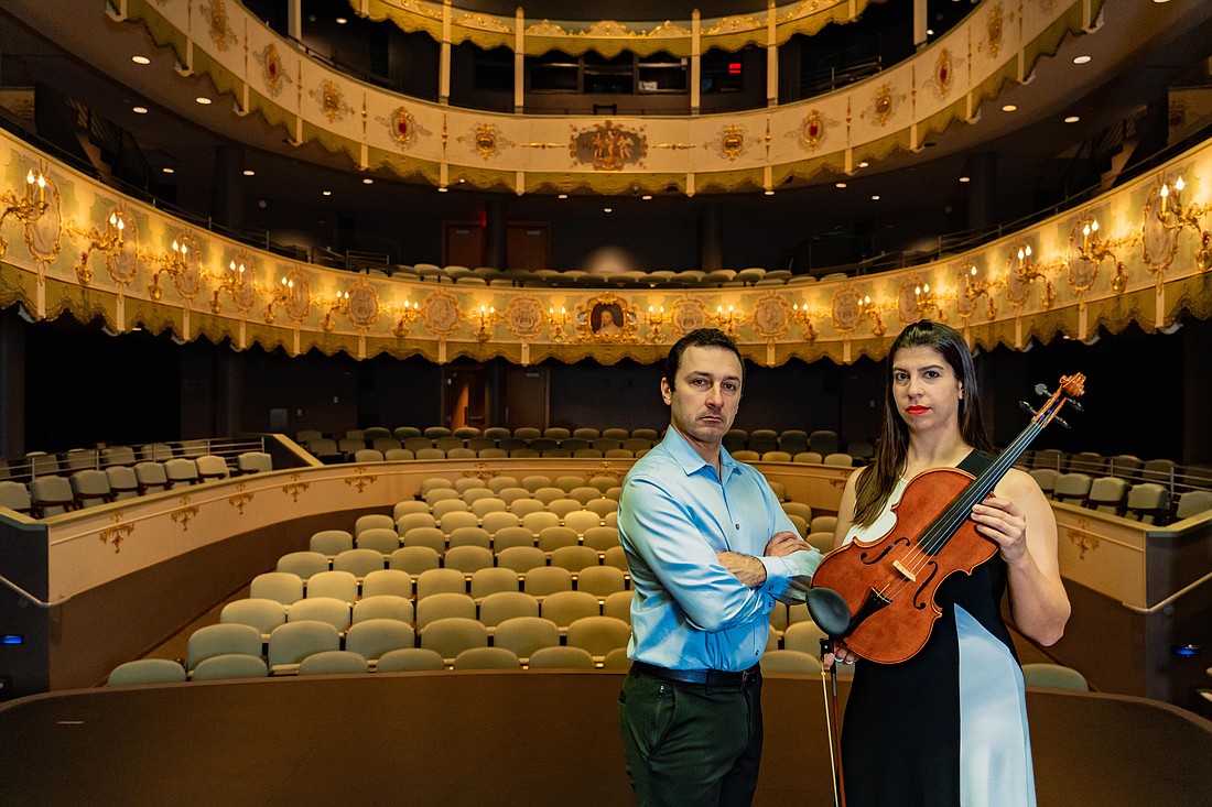 George Nickson and Samantha Bennett, co-founders of ensembleNewSRQ, pose on the stage of The Ringling's Historic Asolo Theater, where they will perform May 9-11.