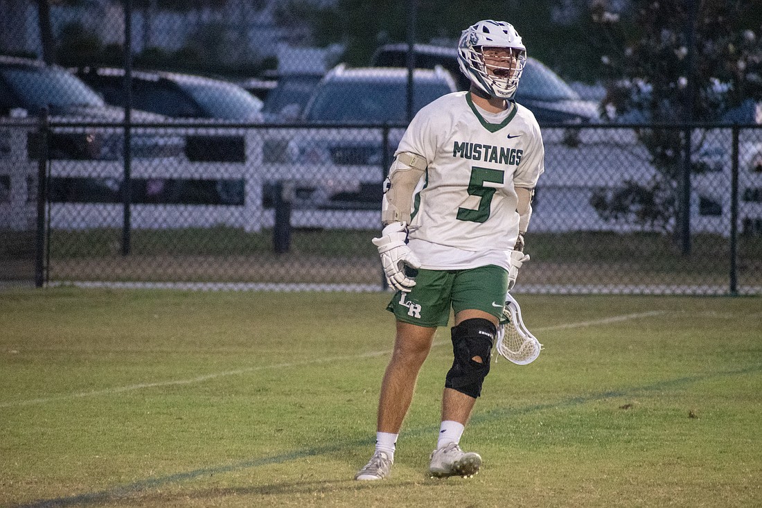 Lakewood Ranch senior Lucas Anthony lets out a scream after scoring a goal against Venice High on April 27. Anthony had eight goals in the regional quarterfinal win against the Indians.