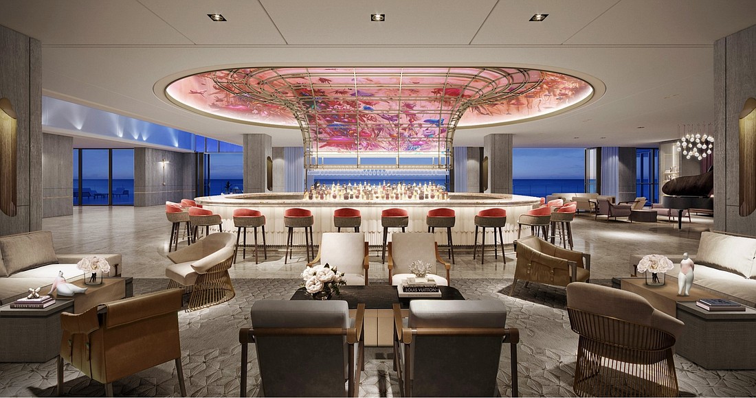 A rendering of the reception area of the St. Regis Longboat Key, featuring the mural and bar.