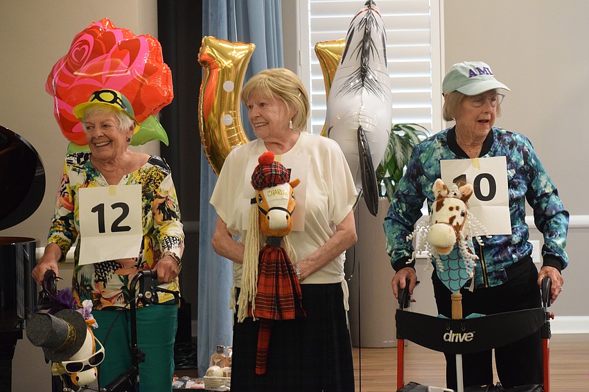 Carol Franklin lines up with her horse, Stallion, next to fellow residents Bea Gardner and her horse, Charlie, and Liz Fillipo and her horse, Dizzy Lizzy.