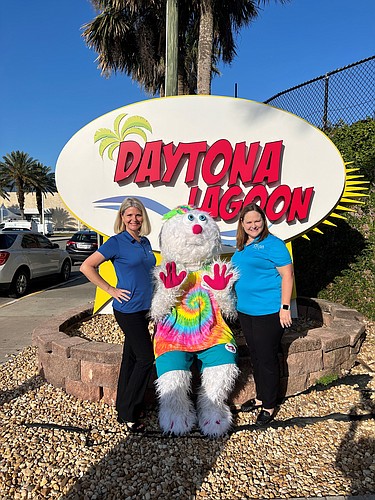 Desiree Rybinski, of Volusia County Schools, the Daytona Lagoon mascot, and Heather Norris, of Volusia County Schools. Courtesy photo