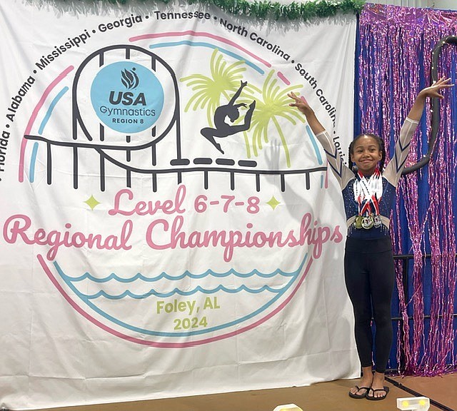 Indian Trails Middle School sixth grader Lauren Davis won four first-place medals and a second-place medal at the USA Gymnastics Region 8 Championships in Alabama. Courtesy photo