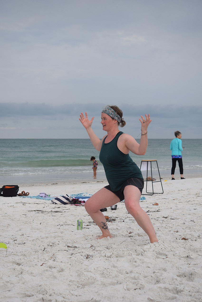 Jamie McDermott-Galles did humorous exercises for her mother Jill Gifilan Bower to follow during a mirroring portion of the workout.
