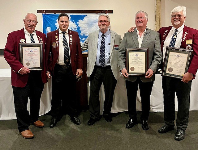 Sherman Burres, certificate of recognition recipient; Joseph R. Brozyna, newly installed Lodge president; Michael W. Chandler, outgoing Lodge president; Scott Gautakis, Elk of the Year; and Steve Brozyna, Officer of the Year. Courtesy photo