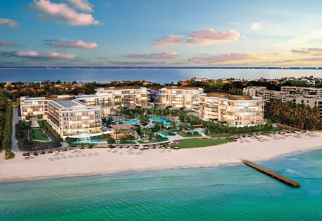 Pools, a lagoon and 800 feet of beach access will be available at the St. Regis Longboat Key, a rendering of which is pictured.