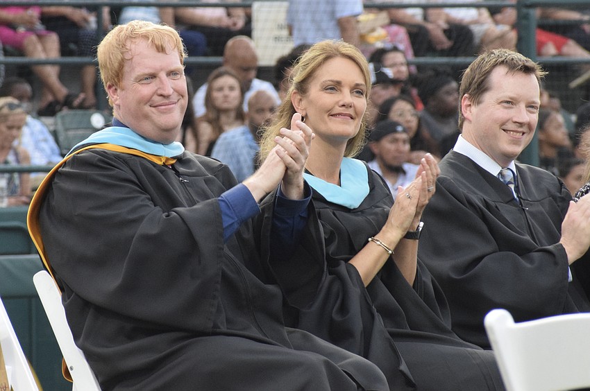 Jason Wysong, the superintendent of the School District of Manatee County, Sharon Scarborough, the executive director of secondary education, and Derek Jensen, the deputy superintendent of instructional services, are ready to see 395 Braden River High seniors graduate.