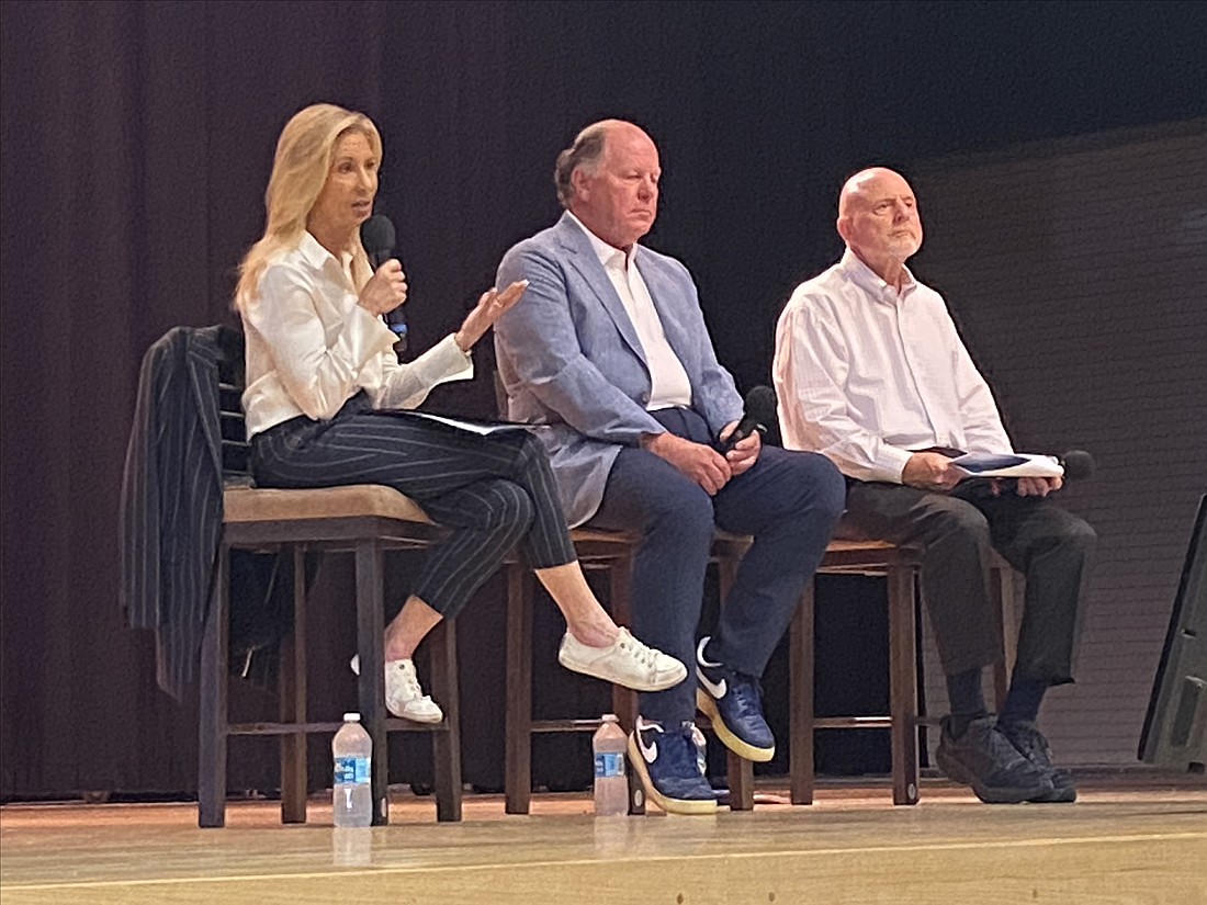 Jacksonville Mayor Donna Deegan, Jaguars President Mark Lamping and city lead negotiator Mike Weinstein met with citizens May 15 at Mandarin High School to discuss plans for the Stadium of the Future renovation of EverBank Stadium.