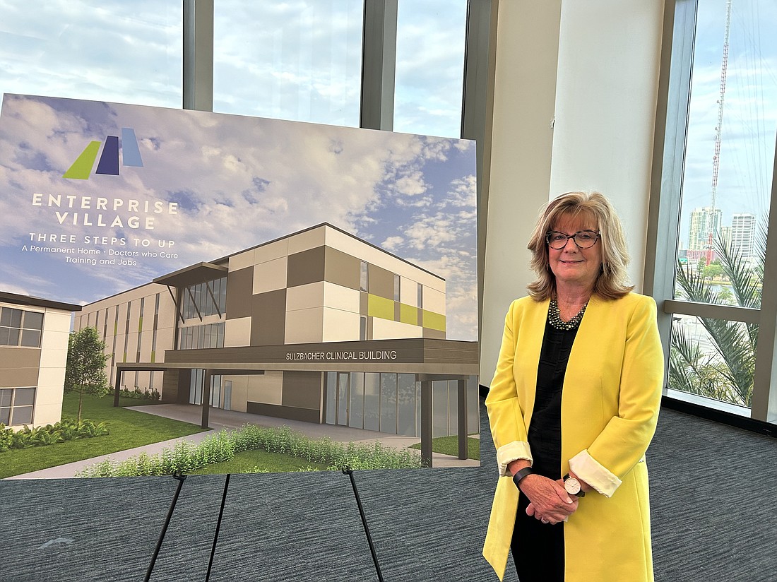 Cindy Funkhouser, president and CEO of Sulzbacher, at a May 15 meeting with Downtown and community stakeholders on the future of Sulzbacher. The presentation took place in the Upper West Lounge at EverBank Stadium.