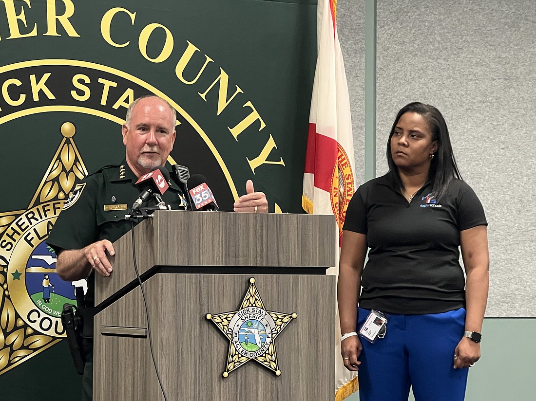 Flagler County Sheriff Rick Staly and Flagler Schools Superintendent LaShakia Moore address the media May 17. Photo by Brian McMillan