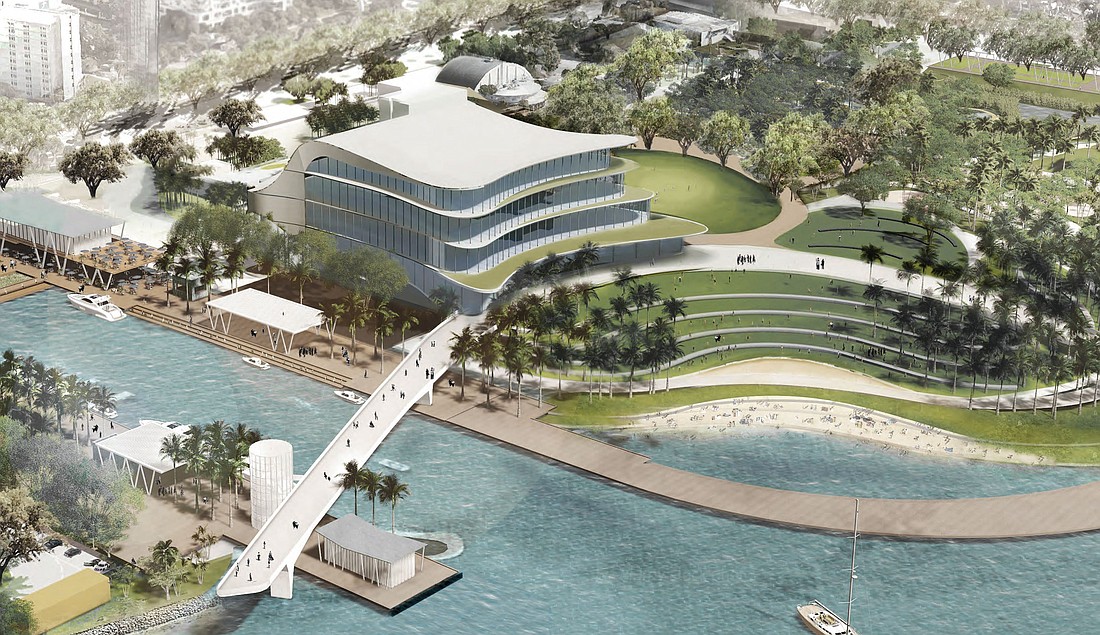 A conceptual rendering of a portion of The Bay with a new performing arts center near the roundabout of 10th Street at U.S. 41. An actual design for the building has not been completed.
