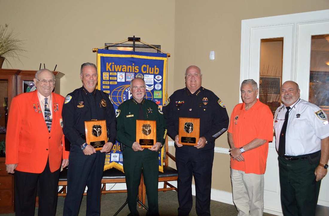 Kiwanis Club member Frank Consentino, Flagler Beach Police Chief Matt Doughney, Flagler County Sheriff Rick Staly, Bunnell Police Chief Dave Brannon, Kiwanis Vice President Mike McElroy and Sheriff’s Office Chaplain Dominic Scardigno. Courtesy photo