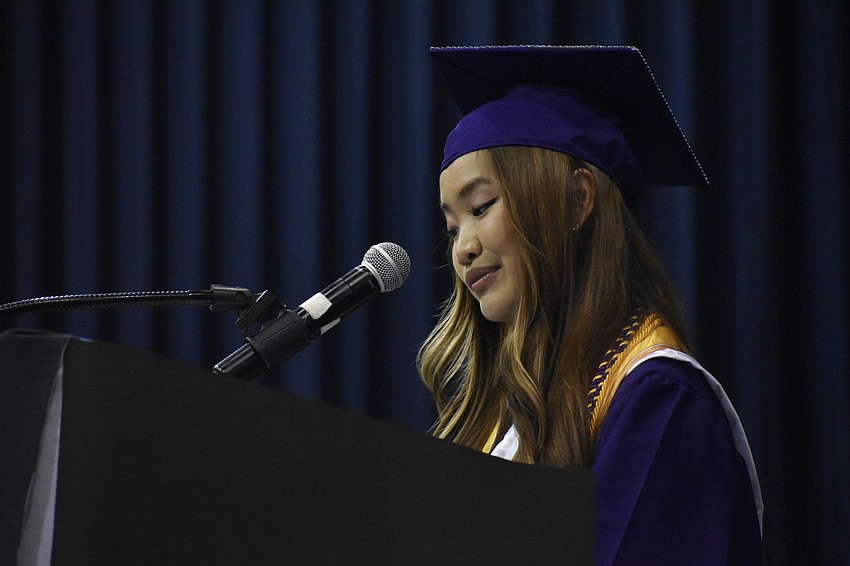 Annabelle Truong gives a commencement speech.