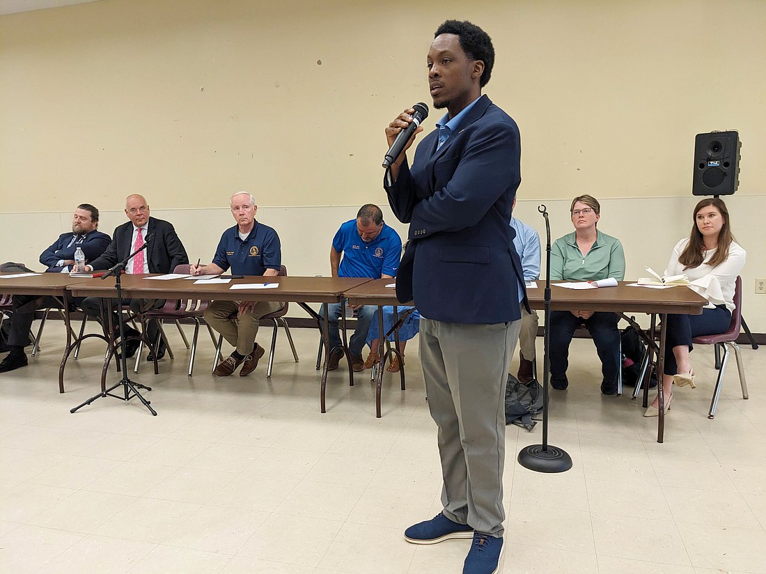 Jacksonville City Council member Reggie Gaffney Jr. speaks at the public meeting May 20 about a traffic study for a proposed Chick-fil-A adjacent to the North Creek subdivision in North Jacksonville.