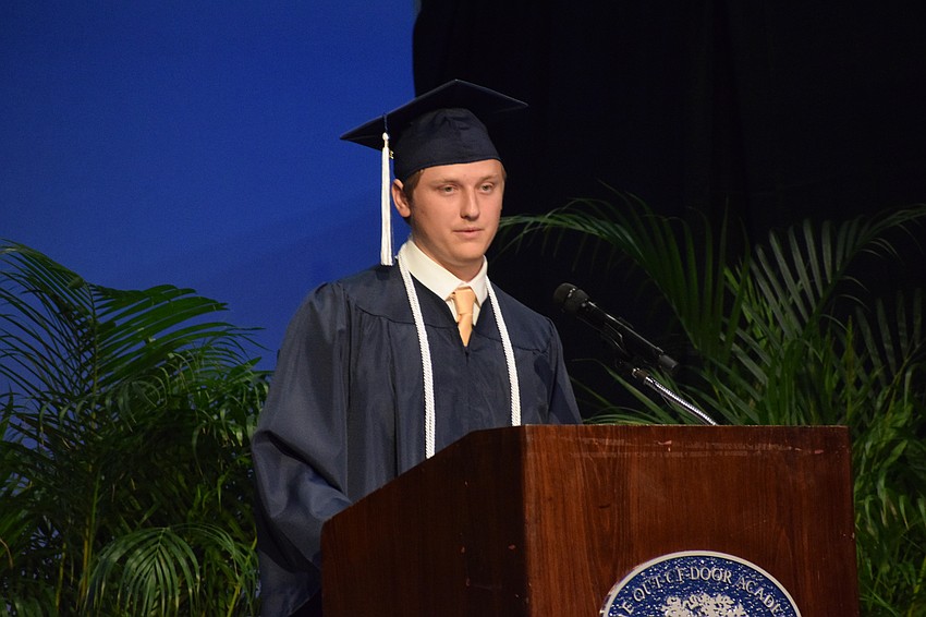 Trey Naese gives a speech as valedictorian. He is going to the University of Notre Dame for college.