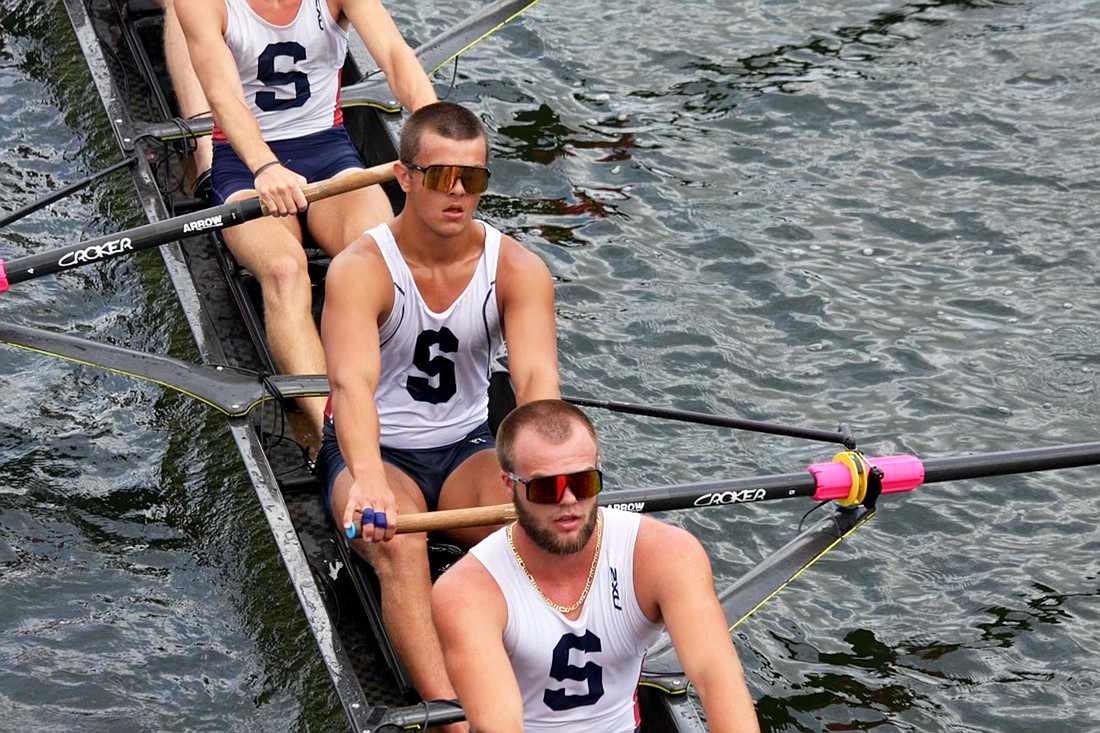 Lakewood Ranch High junior Sam Obine-Galvin (middle) will row at his first USRowing Youth Nationals at Nathan Benderson Park June 6-9 in the Sarasota Crew first varsity boys 8+ boat.