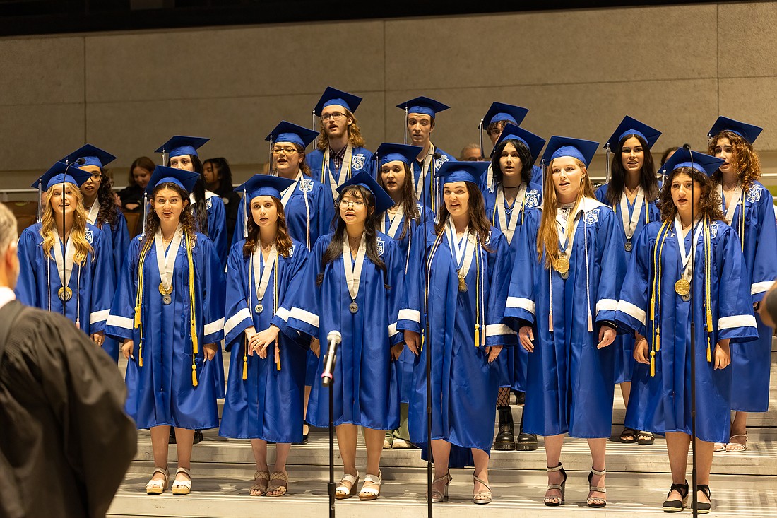 Matanzas senior chorus members sing the class song, "Good Riddance (Time of Your Life)" by Green Day at the high school's 2024 graduation ceremony. File photo by Jake Montgomery