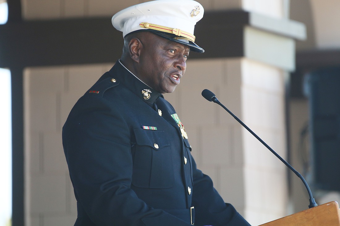 Retired U.S. Marine Corps Chief Warrant Officer Pierre Louis delivers the remembrance address during Ormond Beach's Memorial Day Remembrance Service on Monday, May 27, 2024. Photo by Jarleene Almenas