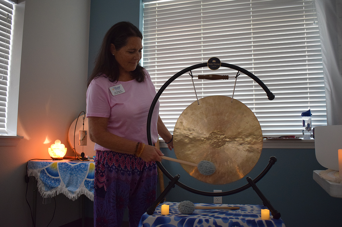 Amy Steinhauser will ring the gong to center everyone during a sound bath.