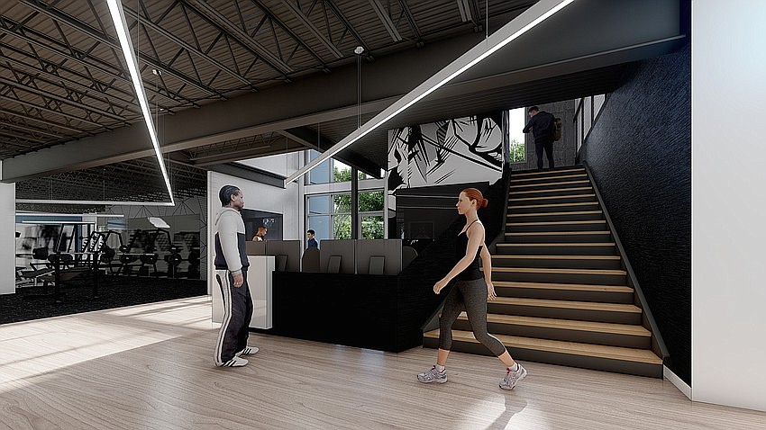 A rendering of the two-story Fitness & Wellness Center planned at the Stellar headquarters at 2900 Hartley Road.