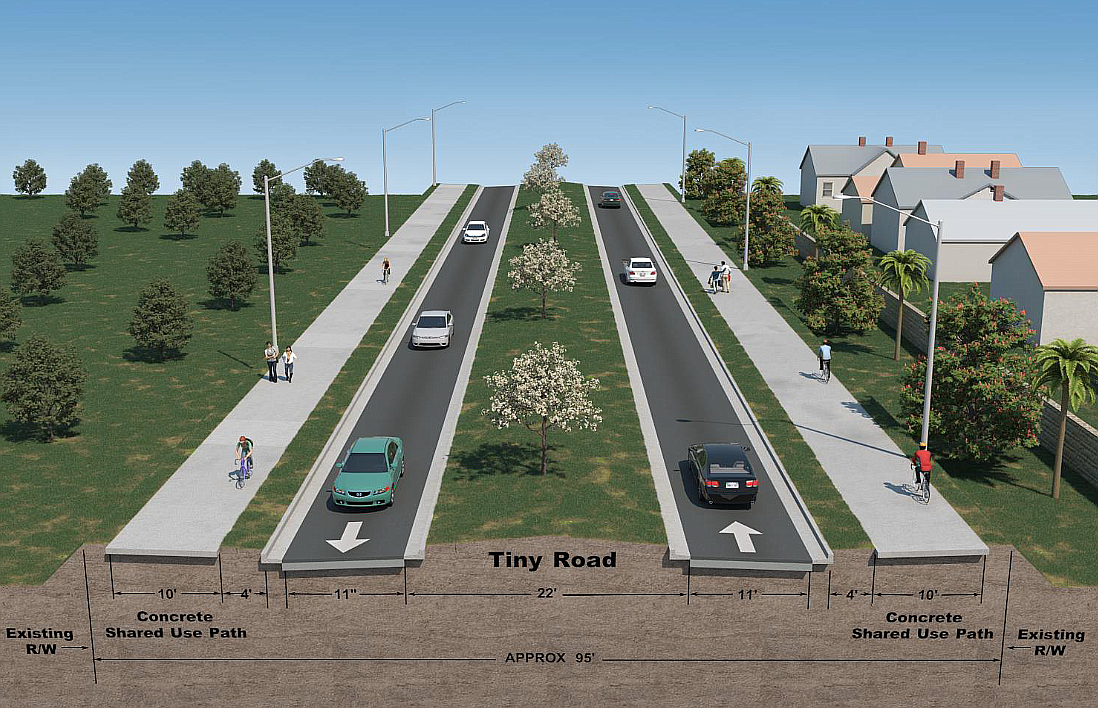 The preferred Tiny Road typical section includes two 11-foot-wide travel lanes with a 22-foot raised median and 10-foot-wide shared-use paths on both sides.