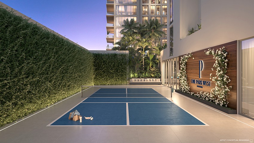 One Park West amenities will include a pickeball court, as shown in a rendering by ARX Creative.