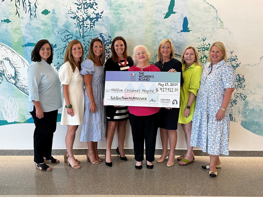 The Women’s Board of Wolfson Children’s Hospital raised $927,922 from the 2023 First Coast Design Show and the 2023-24 Florida Forum. From left, Kendra McCrary, president, The Women’s Board of Wolfson Children’s Hospital; Emily Magevney, Design Show co-chair; Gracie Register, Design Show co-chair; Erin Wolfson, board chair, Wolfson Children’s Hospital; Meg Folds, co-chair, Florida Forum; Allegra Jaros, president, Wolfson Children’s Hospital; Robin Love, co-chair, Florida Forum; and Drew Haramis, co-chair, Florida Forum.