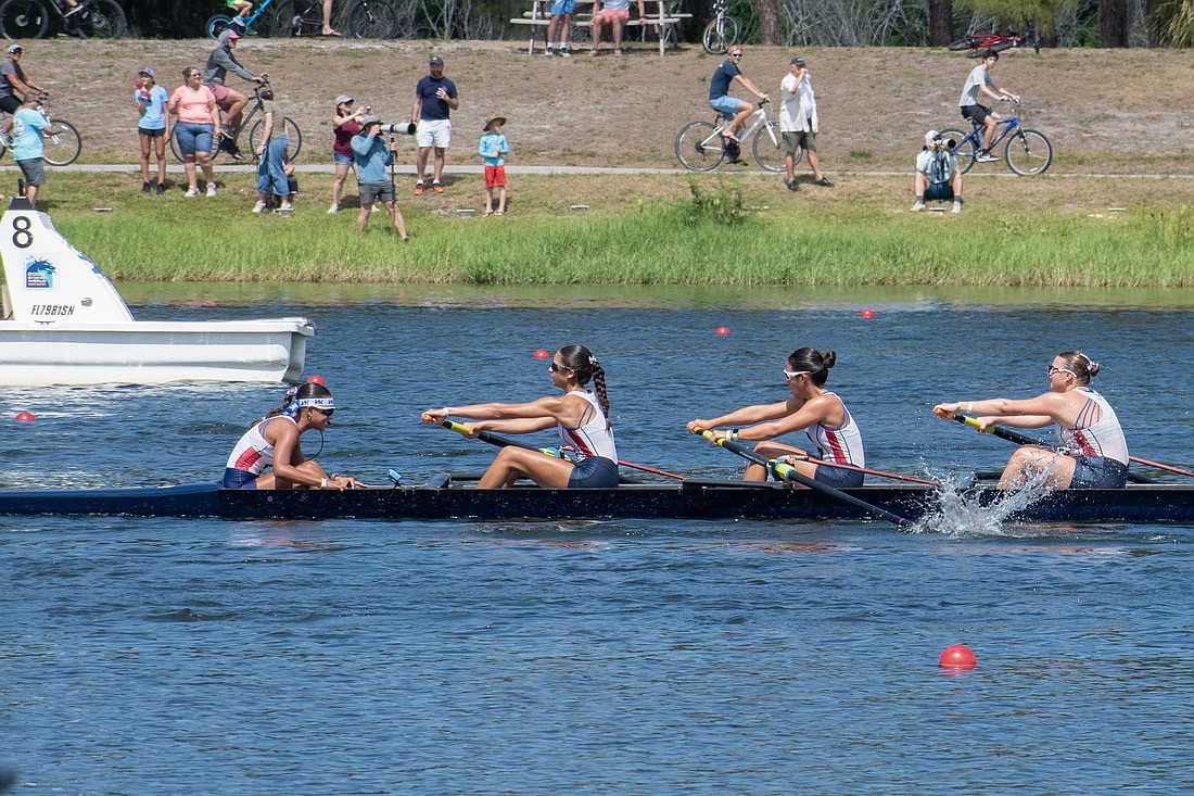 Lakewood Ranch High's Jenna Khalil (second from left) was in the stroke seat in the Sarasota Crew girls U16 8+ boat at the US Rowing Youth National Championships, between coxswain Sophia Karanjai and rowers Claire Xia and Annalise Naylor. The boat finished seventh in the A Final (7:32.17).