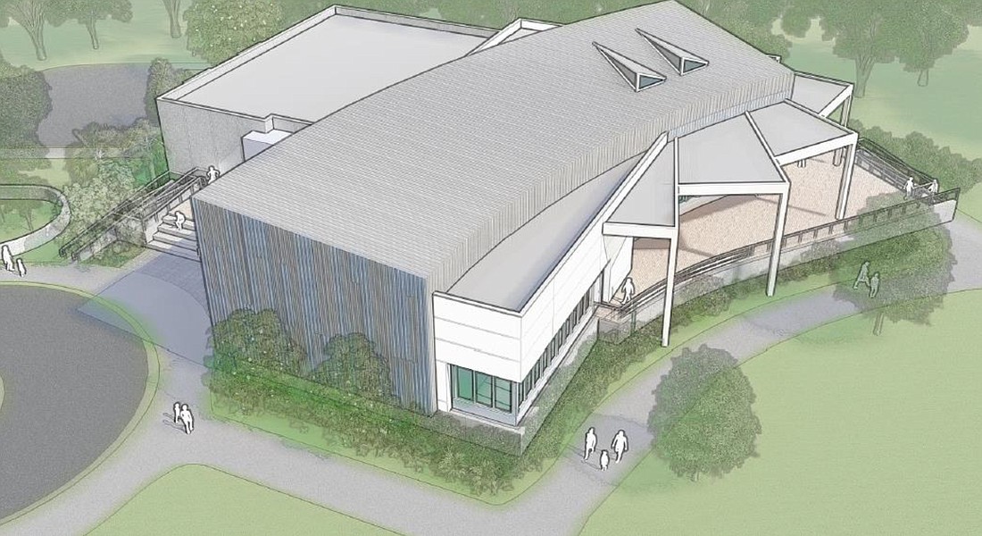 The possible terrace is shown on the back end of the rendering of the enhanced library.