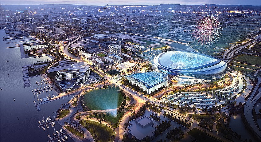 An early rendering of the Jacksonville Jaguars "Stadium of the Future" shows development in the Lot J area west of Daily's Place. New renderings no longer show that development.