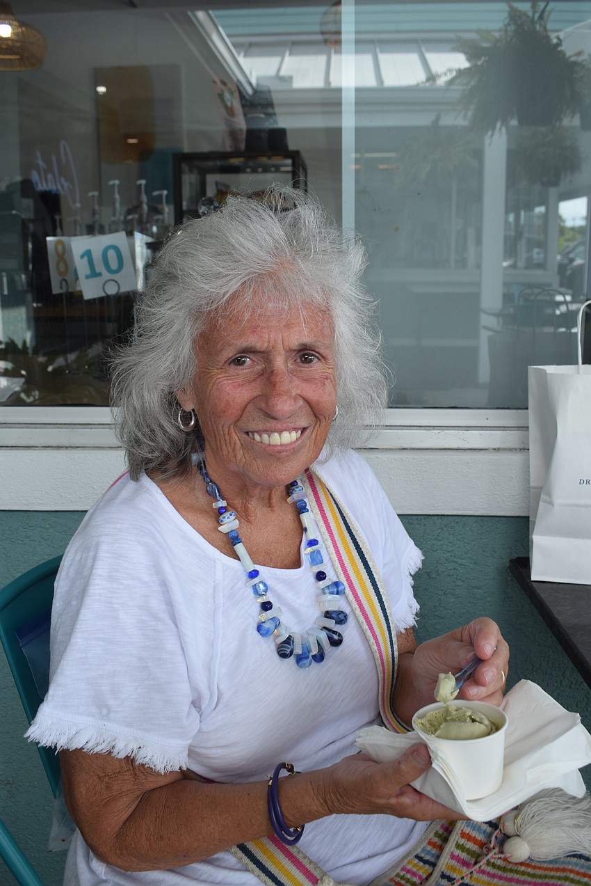 Bonnie Coughlin eating free pistachio ice cream.